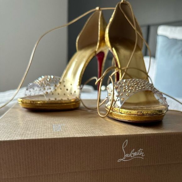 Christian Louboutin Gold Strappy Heels with Crystal Detailing - Picture 1 of 13
